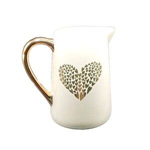 Ceramic Pitcher 7”Heart Flutter White W/ Copper Handle Unique. EUC debi Lily